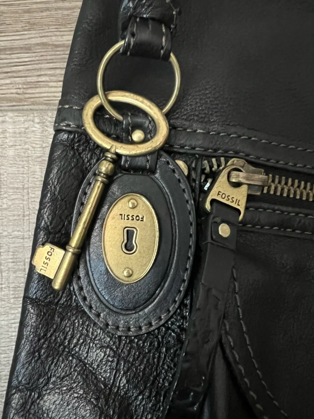 Fossil Black Leather Crossbody with Brass Hardware